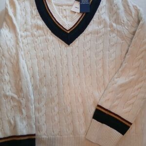 💥💥Polo Ralph Lauren Cream Cable Knit Sweater with Striped V-Neck Wimbledon💥💥